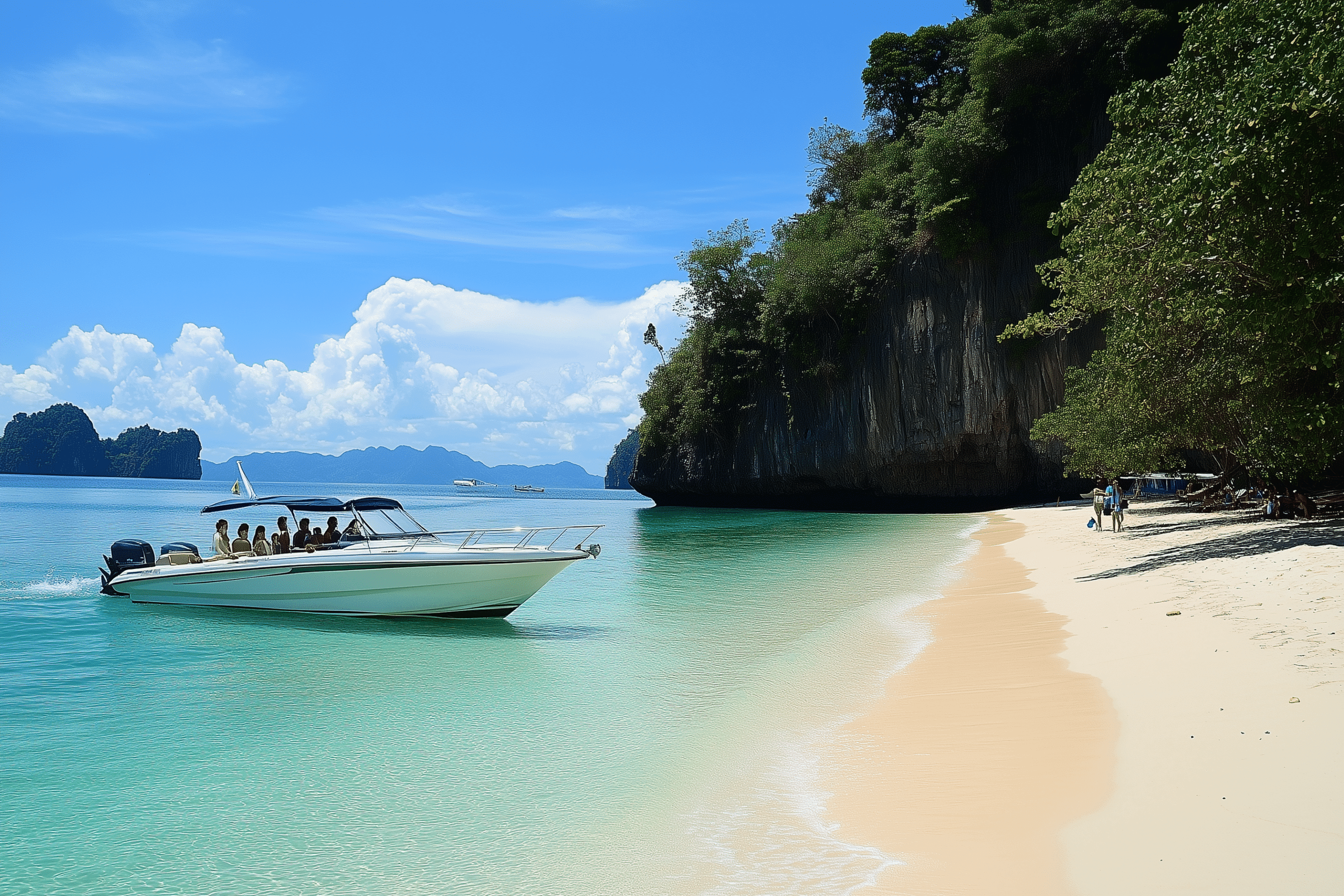 A speedboat with people onboard glides past a tropical beach near Krabi Town, boasting white sand and clear turquoise water. Lush trees line the shore under a bright blue sky with scattered clouds, while rocky cliffs rise in the background—truly one of the Top 10 Things to Do in Krabi.