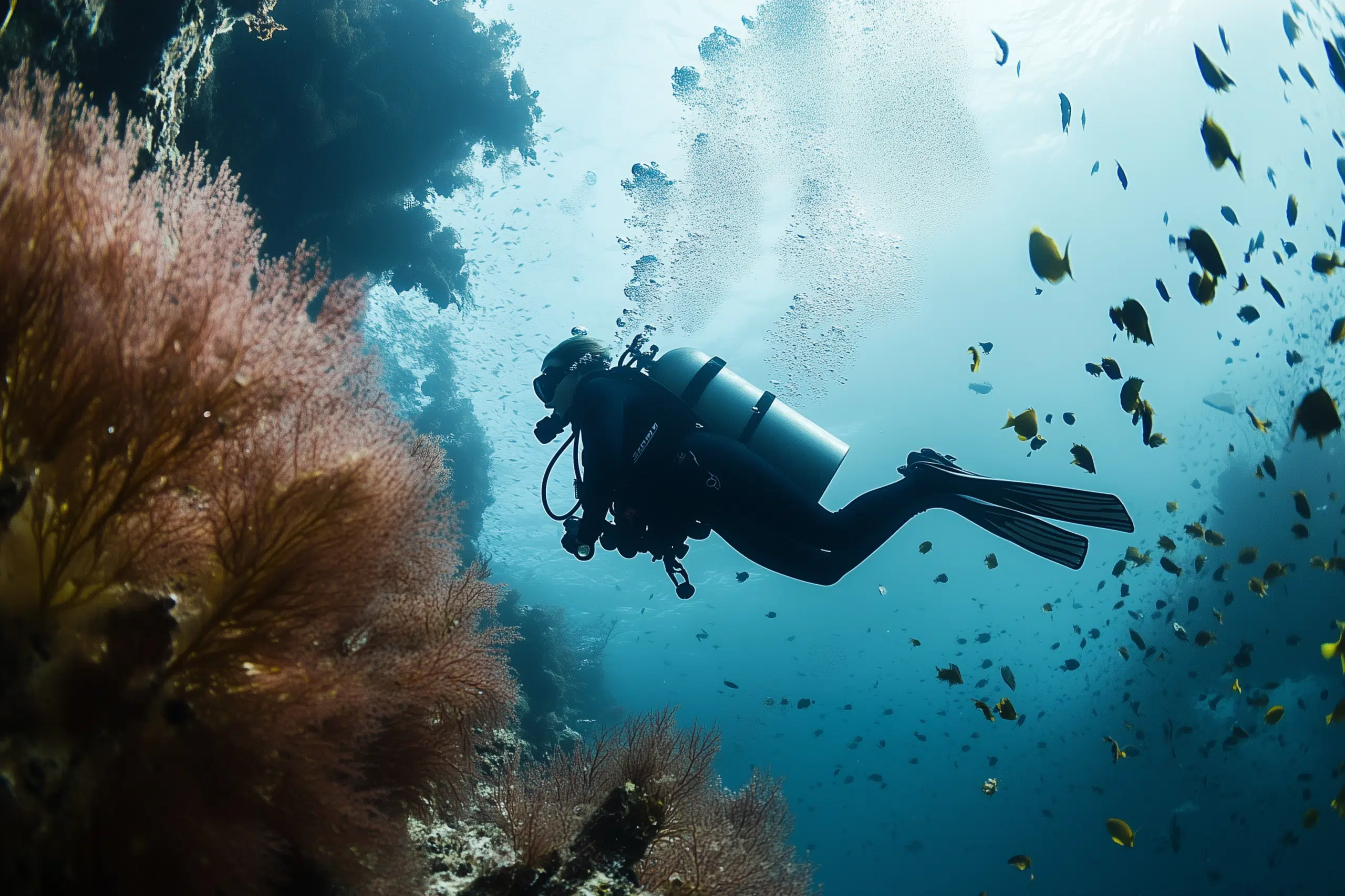 A scuba diver swims underwater near a coral reef off Koh Tao. The scene is filled with colorful, small fish and vibrant coral formations. Sunlight filters through the water, creating a serene and vibrant underwater landscape, making this visit feel like stepping back in time.