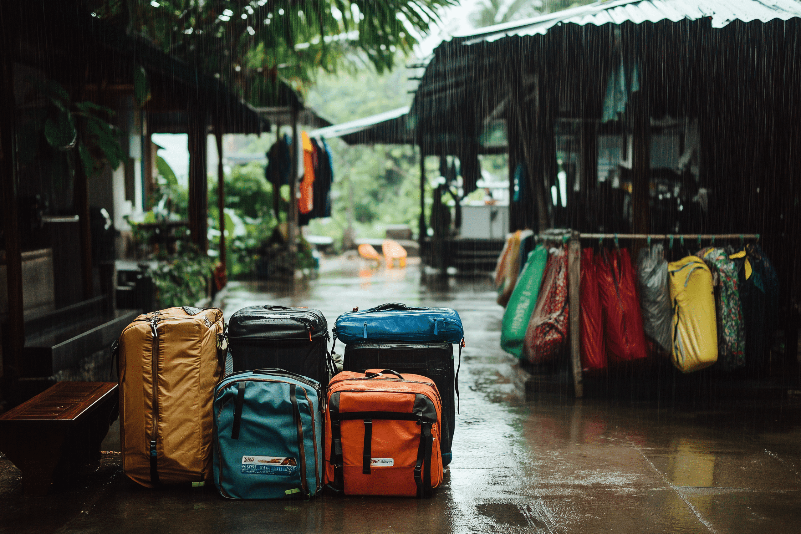 Several colorful suitcases stand on a wet concrete path under the rain, framed by lush foliage. Hanging bags rest on racks, with a covered patio in view. This scene resembles Phuket during its vibrant rainy season—a reminder of the best time to visit this tropical paradise.