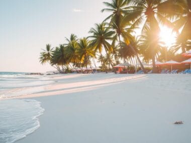 A serene beach scene with gentle waves washing ashore on white sand. Tall palm trees sway as the sun filters through their leaves. Bright red and white umbrellas are scattered along the beach, casting shadows on lounge chairs. Its the best time to enjoy this tranquil paradise.