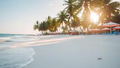 A serene beach scene with gentle waves washing ashore on white sand. Tall palm trees sway as the sun filters through their leaves. Bright red and white umbrellas are scattered along the beach, casting shadows on lounge chairs. Its the best time to enjoy this tranquil paradise.