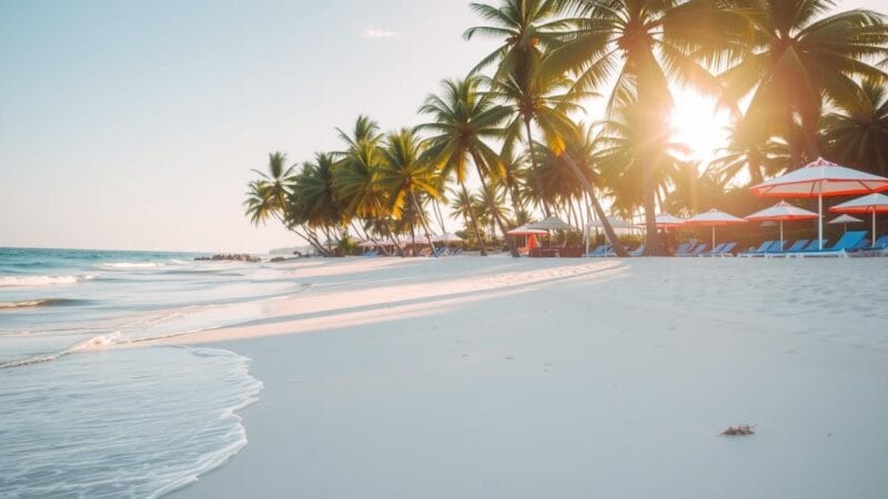 A serene beach scene with gentle waves washing ashore on white sand. Tall palm trees sway as the sun filters through their leaves. Bright red and white umbrellas are scattered along the beach, casting shadows on lounge chairs. Its the best time to enjoy this tranquil paradise.