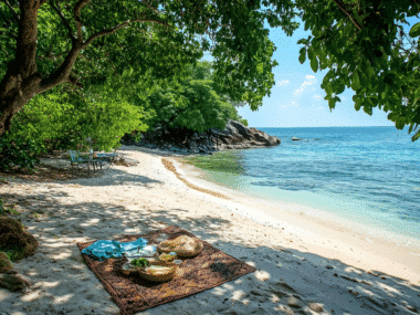 A serene beach scene on Koh Phangan features a picnic blanket under lush green trees. Nearby, a table and two chairs await as the turquoise ocean glistens under a sunny blue sky. The idyllic spot feels ready for an unforgettable season leading to a legendary full moon party.