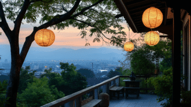 Experience a serene evening from a terrace overlooking the city, where glowing lanterns hang from trees. The sky is painted in soft hues of orange and blue as the sun sets behind distant mountains, complementing the lush greenery and cozy bench beneath it all.