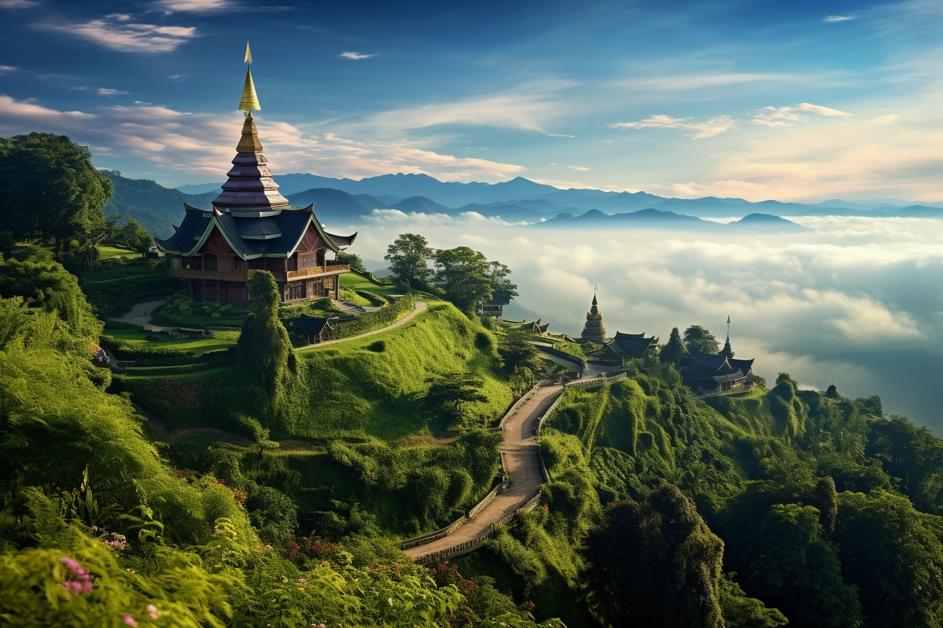 Chiang Rai in Thailand in all its beauty. Green Hills and Temple.