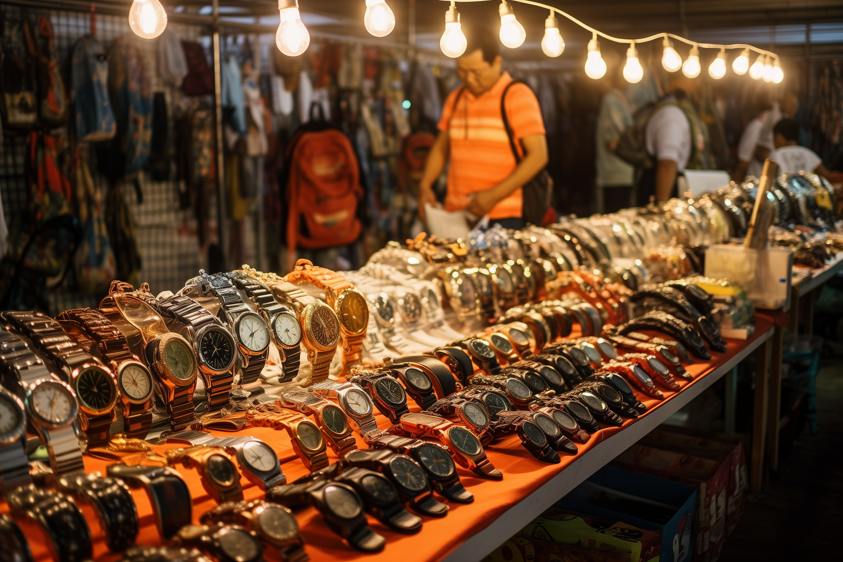 Night market stall selling watches and clothing in Hua Hin