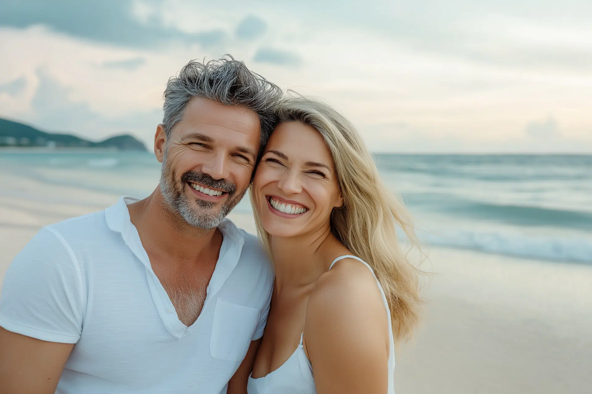 A smiling couple poses for a photo on a beach during their trip. The man has salt-and-pepper hair and a beard, wearing a white shirt, while the woman with long blonde hair wears a white tank top. The ocean and a cloudy sky are in the background.