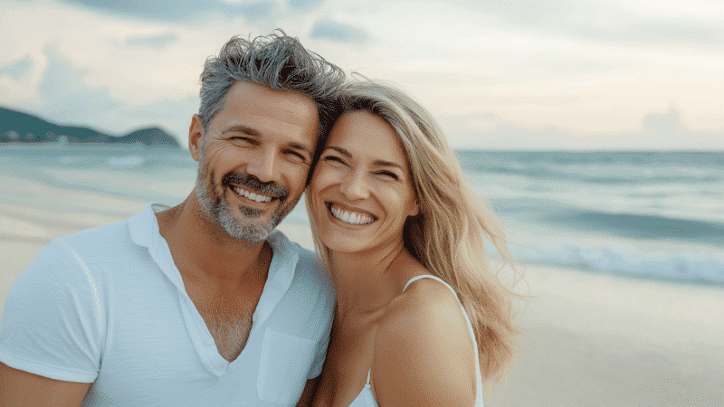 A smiling couple poses for a photo on a beach during their trip. The man has salt-and-pepper hair and a beard, wearing a white shirt, while the woman with long blonde hair wears a white tank top. The ocean and a cloudy sky are in the background.