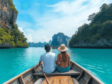 A couple sits on a boat, surrounded by the clear turquoise waters of Khao Lak and limestone cliffs under a bright blue sky. The woman wears a wide-brimmed hat and the man a white t-shirt. Lush greenery tops the cliffs, creating a serene, tropical setting.