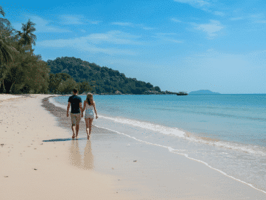 A couple holding hands strolls along the serene shores of Thong Nai Pan on Ko Pha Ngan, with clear blue water and lush green hills in the background. The sky is bright and clear, and the sandy beach is lined with swaying palm trees.