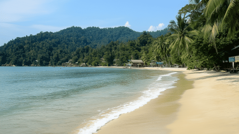 A serene tropical beach on Koh Chang boasts golden sand, gentle waves, and clear blue water. Lush green hills and a few small buildings are in the distance. Palm trees line the shoreline under a bright blue sky, making it the perfect holiday escape.