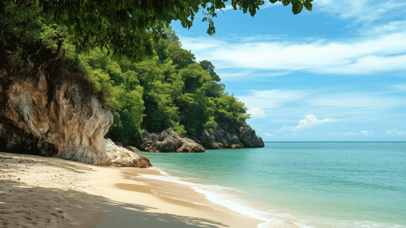 A serene beach scene with golden sand and gentle turquoise waves near Lanta Old Town. A lush, green cliff extends into the water under a bright blue sky with a few clouds. Overhanging tree branches add shade to the shoreline.
