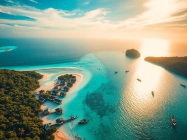 Aerial view of Koh Lipe reveals a tropical island with lush greenery and sandy beaches surrounded by turquoise water. Several boats are anchored near the shore, not far from a lively beach bar. The sunset casts a warm glow over the scene, lighting the way to an unforgettable evening.