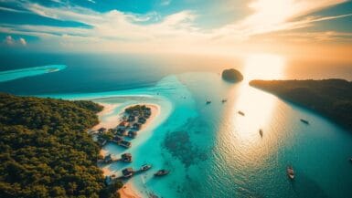 Aerial view of Koh Lipe reveals a tropical island with lush greenery and sandy beaches surrounded by turquoise water. Several boats are anchored near the shore, not far from a lively beach bar. The sunset casts a warm glow over the scene, lighting the way to an unforgettable evening.