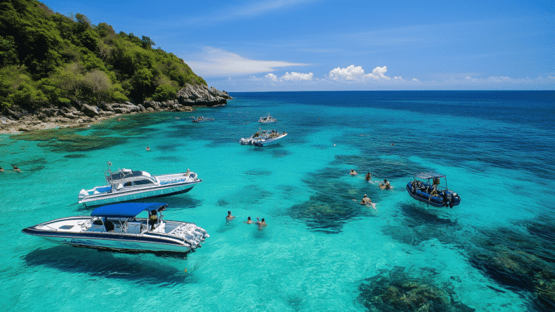 Boats float in clear turquoise water near the lush Khao Lak island under a bright blue sky. People are swimming and enjoying the sunny day.