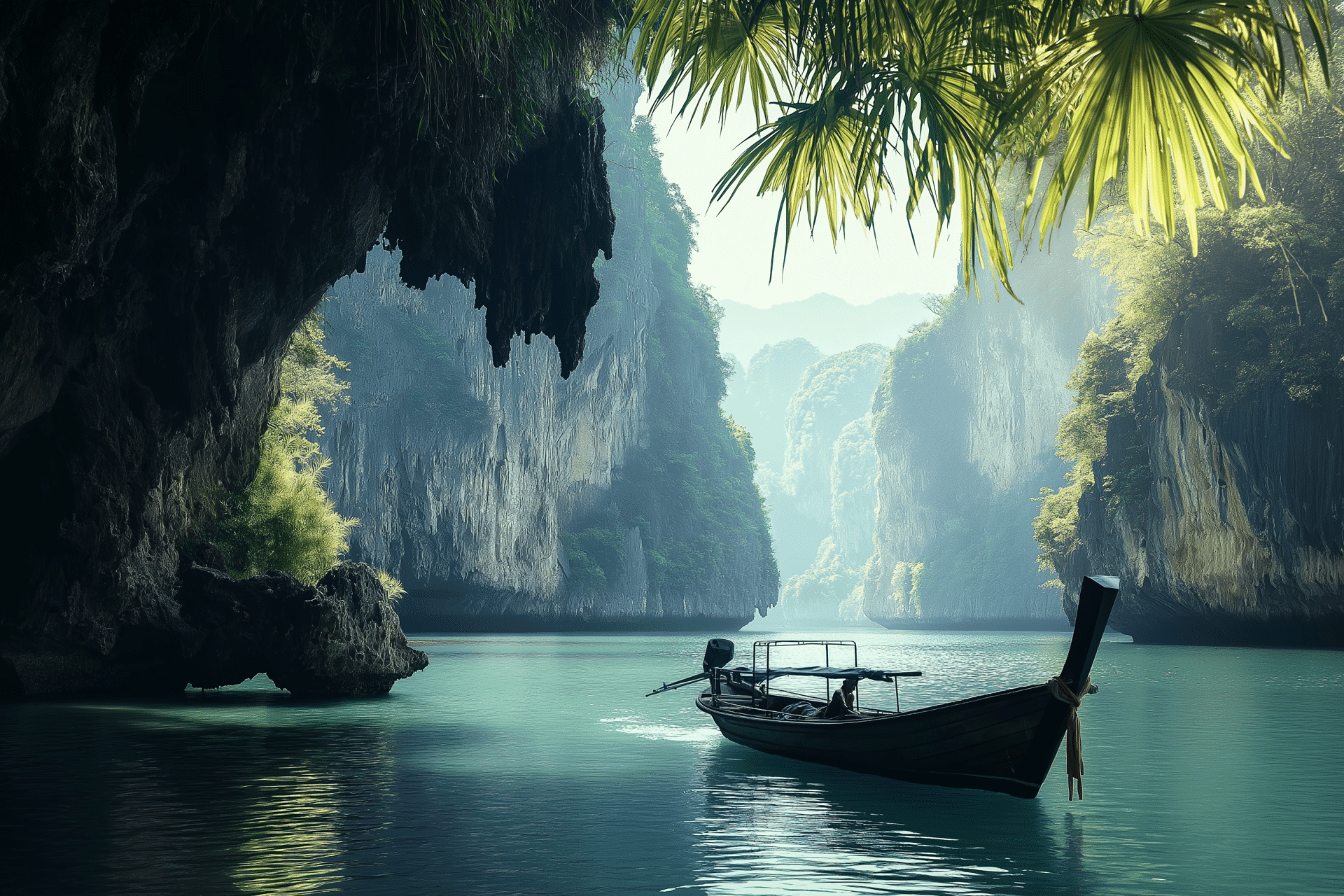 A small boat floats on turquoise water surrounded by towering limestone cliffs and lush foliage. Sunlight filters through the leaves, creating a timeless and picturesque scene in this tropical island landscape.