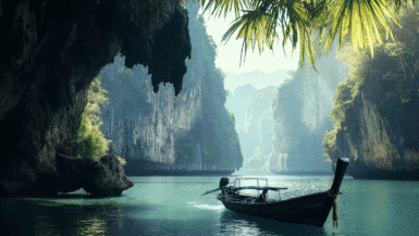 A small boat floats on turquoise water surrounded by towering limestone cliffs and lush foliage. Sunlight filters through the leaves, creating a timeless and picturesque scene in this tropical island landscape.