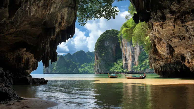 View from inside a cave overlooking a serene bay with crystal-clear water. Two small boats float near the shore, surrounded by towering limestone cliffs and lush greenery under a blue sky with fluffy clouds. This hidden gem offers a glimpse into the breathtaking beauty of Phang Nga Bay.