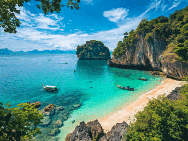 A scenic view of a tropical beach in Phuket reveals turquoise waters and a sandy shore. Three long-tail boats float near the coastline, framed by lush green cliffs. The sky is clear with scattered clouds, and distant islands beckon as part of the top 10 things to do in Phuket.