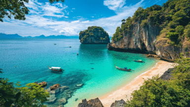 A scenic view of a tropical beach in Phuket reveals turquoise waters and a sandy shore. Three long-tail boats float near the coastline, framed by lush green cliffs. The sky is clear with scattered clouds, and distant islands beckon as part of the top 10 things to do in Phuket.
