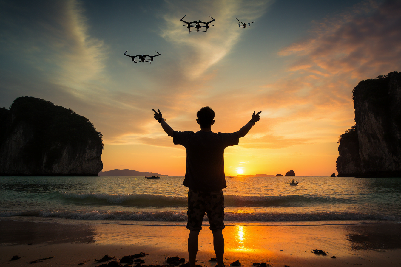 Vlogger in Krabi with drones on beach