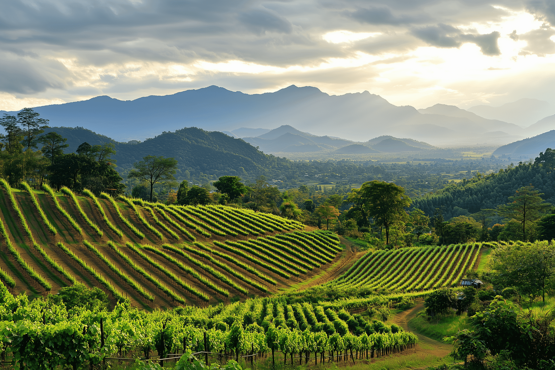 A lush vineyard with vibrant green rows stretches across rolling hills under a cloudy sky. Mountains line the horizon, and sunlight filters through the clouds, casting a warm glow over the landscape, reminiscent of Chiang Mais serene season during the New Year.