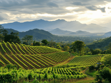 A lush vineyard with vibrant green rows stretches across rolling hills under a cloudy sky. Mountains line the horizon, and sunlight filters through the clouds, casting a warm glow over the landscape, reminiscent of Chiang Mais serene season during the New Year.