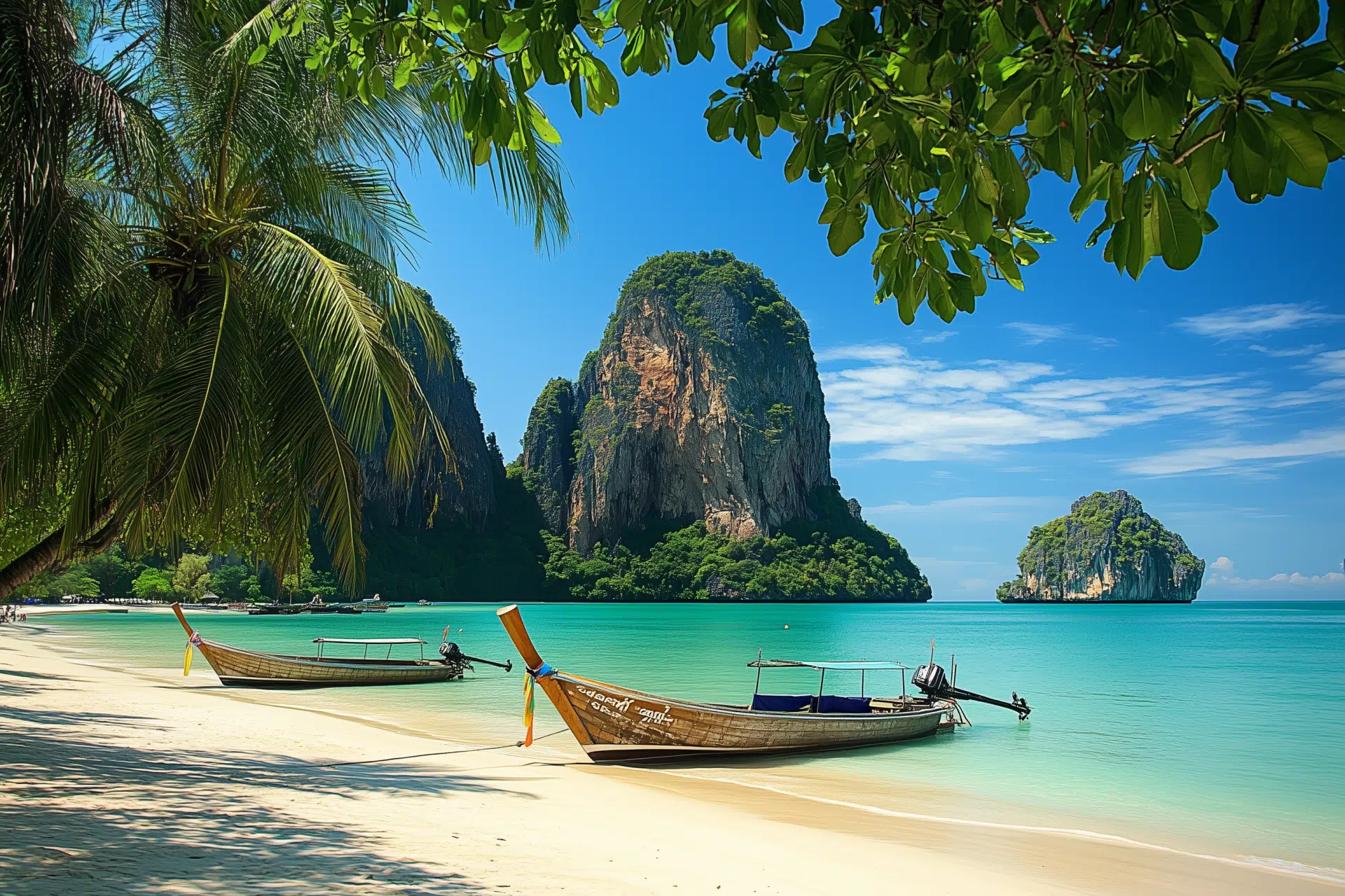 A serene beach scene with turquoise waters and towering limestone cliffs in the background beckons visitors during the best time to visit. Two wooden long-tail boats rest on the sand under lush tropical trees, offering a perfect escape beneath a clear blue sky.