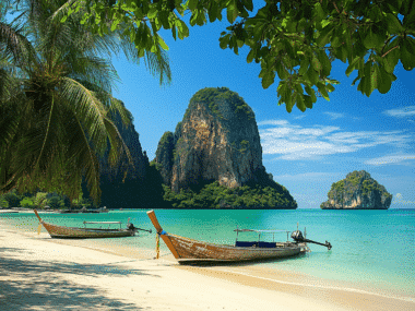 A serene beach scene with turquoise waters and towering limestone cliffs in the background beckons visitors during the best time to visit. Two wooden long-tail boats rest on the sand under lush tropical trees, offering a perfect escape beneath a clear blue sky.