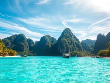 A scenic tropical beach with turquoise waters, surrounded by lush green hills under a bright blue sky with wispy clouds. Boats are anchored near the shore, and palm trees line the beach, reminiscent of the stunning beauty of Phi Phi Islands.