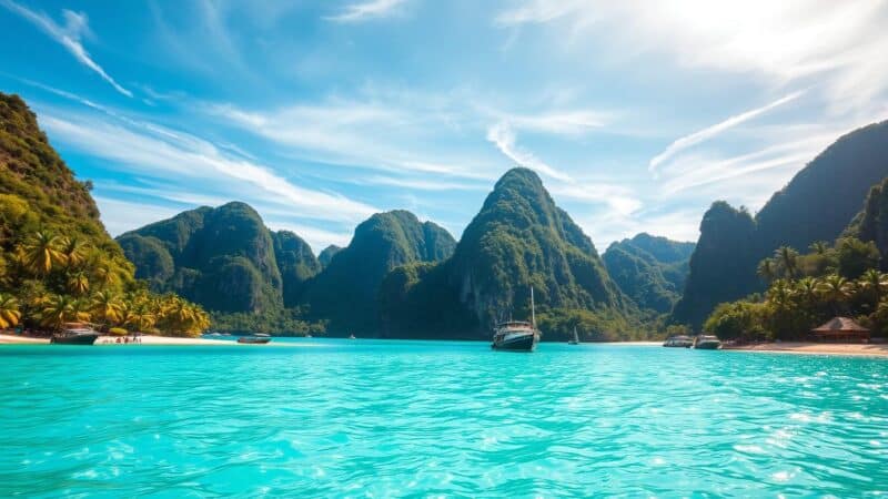 A scenic tropical beach with turquoise waters, surrounded by lush green hills under a bright blue sky with wispy clouds. Boats are anchored near the shore, and palm trees line the beach, reminiscent of the stunning beauty of Phi Phi Islands.