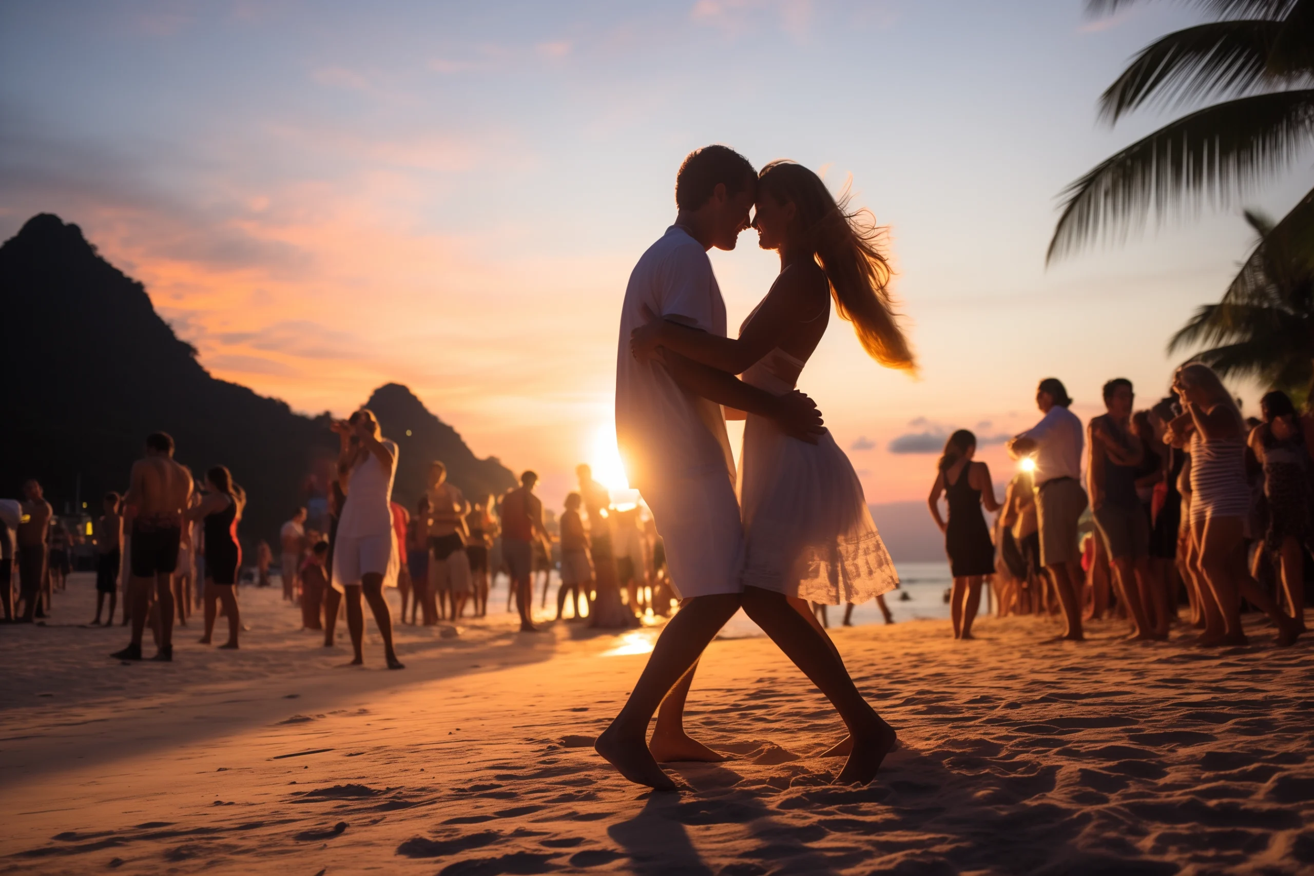 Couple dancing on the full moon party beach in Ko Pha Ngan as sun rises
