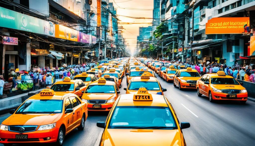 Bangkok taxis lined up on a street